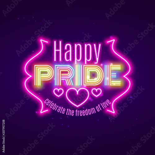 Happy Pride LGBT equality, gay love celebration, neon design, vector illustration