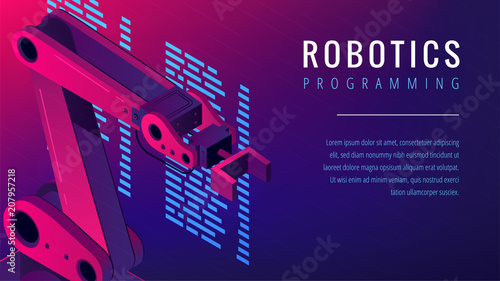 Isometric automated robot arm as robotics programming study concept. Robots console commands programming, software code language in vibrant gradient violet color. Vector 3d isometric landing page.
