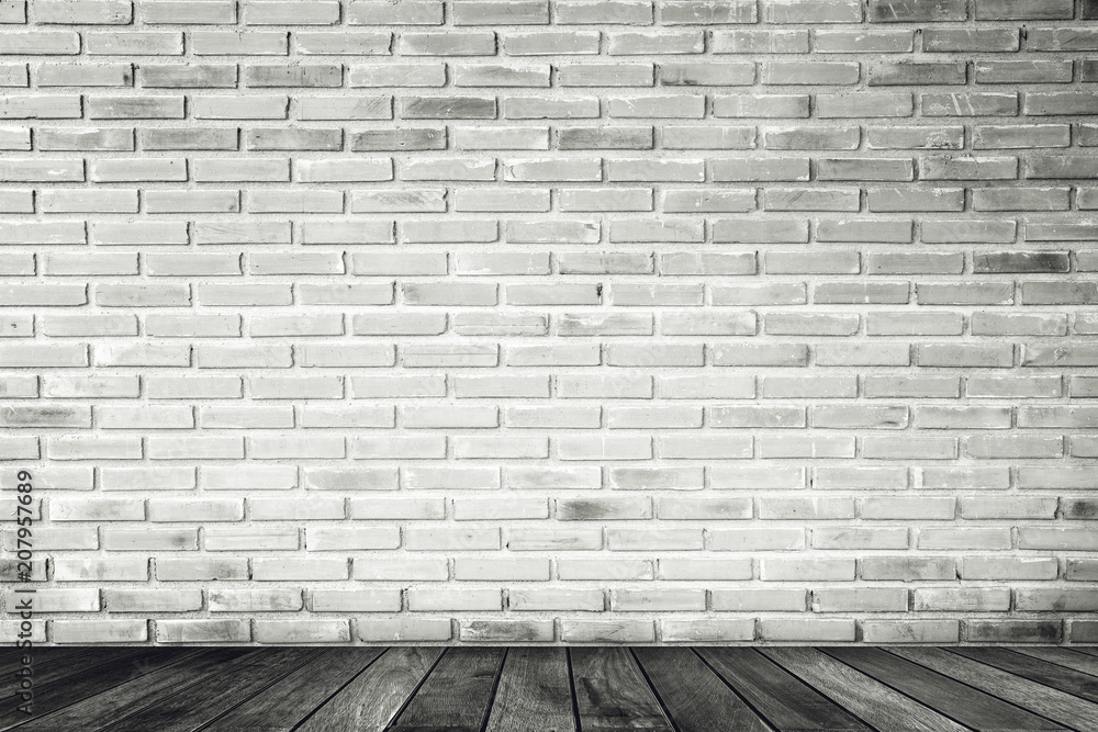 Room Interior With White Brick Wall And Concrete Floor, Nobody, Empty Room Interior With White Brick Wall And Concrete Floor, Nobody, Empty