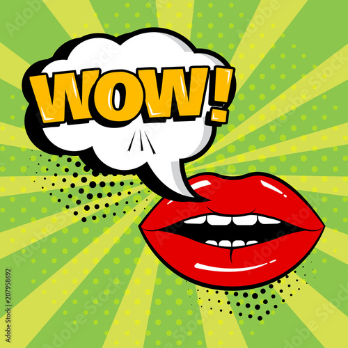 White comic bubble with WOW word and red lips on green background. Card in pop art style. Vector illustration