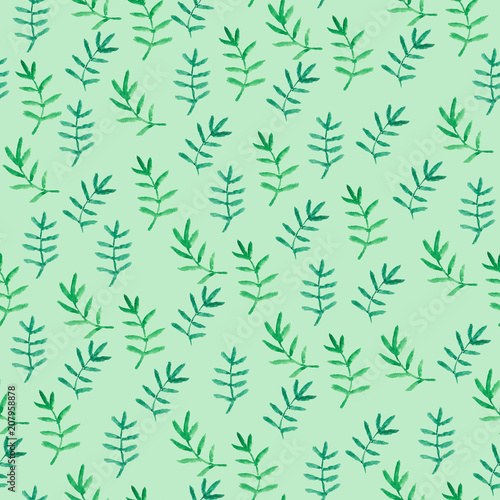Watercolor seamless pattern leaves and branches  watercolor painted green texture  light fresh green background