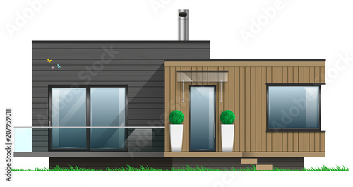 Facade of a modern house with a terrace. Cottage in a vector graphic.