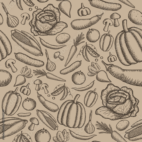 Vector image of painted vegetables on a brown background. Graphic vintage seamless pattern.