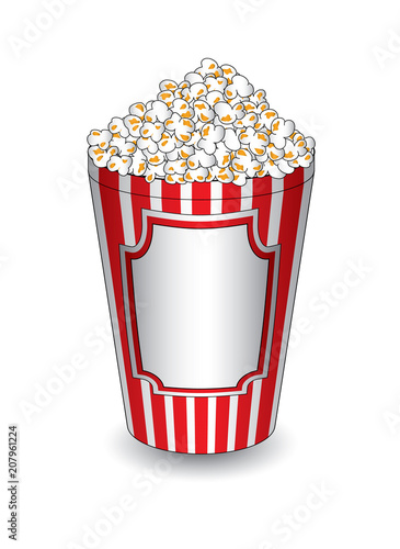 Popcorn in contenitore rosso e bianco con etichetta vuota