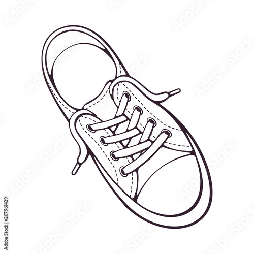 Doodle of one textile sneaker with rubber toe and loose lacing