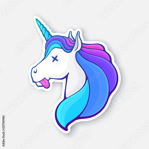 Sticker of fairy tale dead unicorn head with tongue, crossed eye and rainbow mane