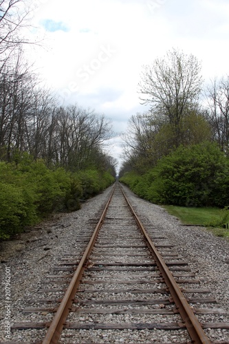 The long railroad tracks in the forest on a cloudy day.