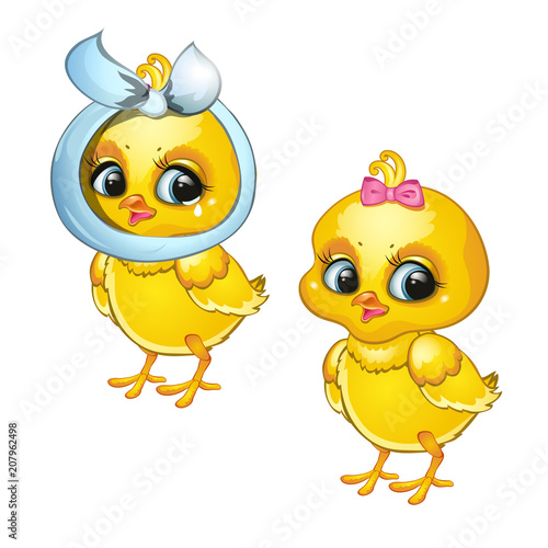 Healthy and diseased chicken isolated on white background. Vector cartoon close-up illustration.