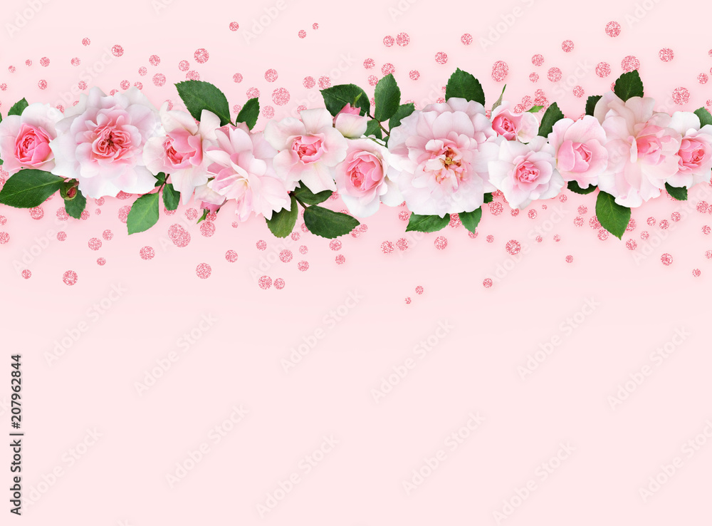 Pink rose flowers and leaves in a top border with glitter confetti