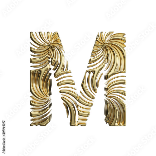 Alphabet letter M uppercase. Golden font made of shiny yellow metal. 3D render isolated on white background.