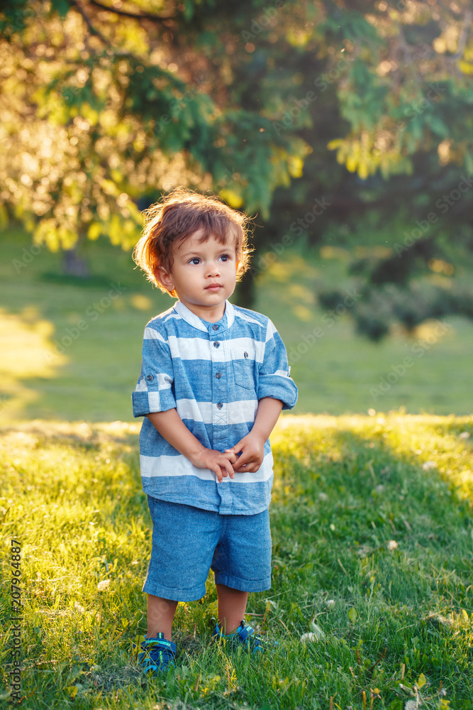 Cute adorable little Caucasian coloured boy child in blue shirt and shorts standing in field meadow outside. Happy pensive dreaming kid walking looking up in air in park on sunset. Cute adorable little Caucasian coloured boy child in blue shirt and shorts standing in field meadow outside. Happy pensive dreaming kid walking looking up in air in park on sunset.