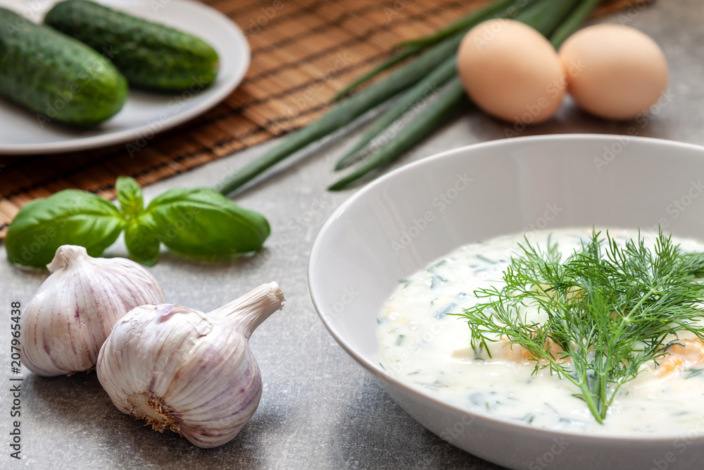 White plate with cucumber cold soup with fresh dill on a concrete countertop with garlic, cucumbers, eggs and chives White plate with cucumber cold soup with fresh dill on a concrete countertop with garlic, cucumbers, eggs and chives