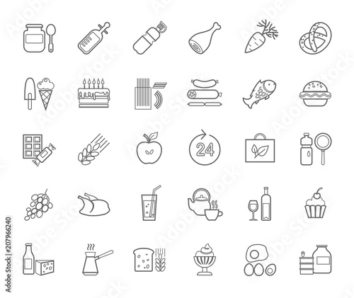 Food, contour icons, vector. Food and drinks, production and sale. Gray line drawings on a white field. Vector clip art. 