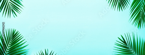 Tropical palm leaves on pastel turquoise background. Minimal summer concept. Creative flat lay with copy space. Top view green leaf on punchy pastel paper. Banner