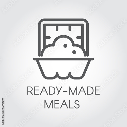 Ready made meals icon. Prepared portion food label concept. Dish in oven graphic web logo. Cooking outline sign. Vector illustration for grocery stores, menu and other thematic sites and mobile apps