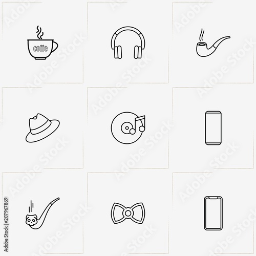 Hipster line icon set with smoking pipe , coffee cup  and smart phone