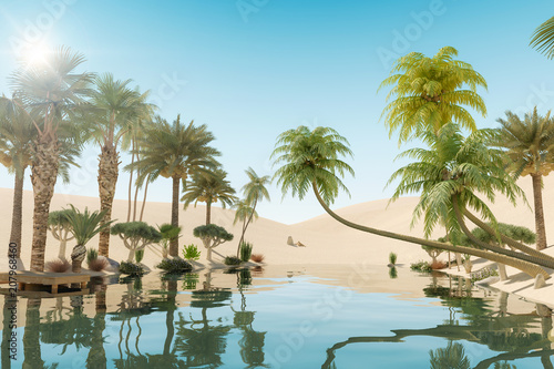 Fototapeta Naklejka Na Ścianę i Meble -  Oasis and Palm Trees in Desert, 3D Rendering