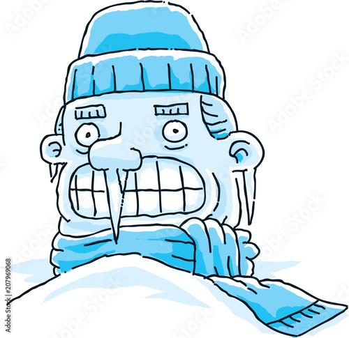 A cartoon of the face of a frozen man wearing a toque and scarf who is trapped in snow and has an icicle hanging from his nose.
