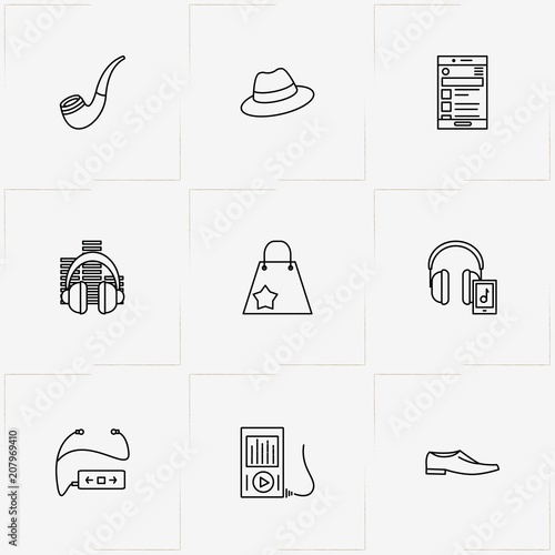 Hipster line icon set with smart phone, headphone and music player