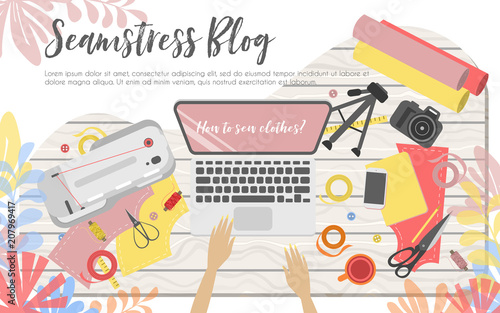 Workplace of seamstress blogger, view from above, desktop, textile, sewing machine, scissors, threads and arms