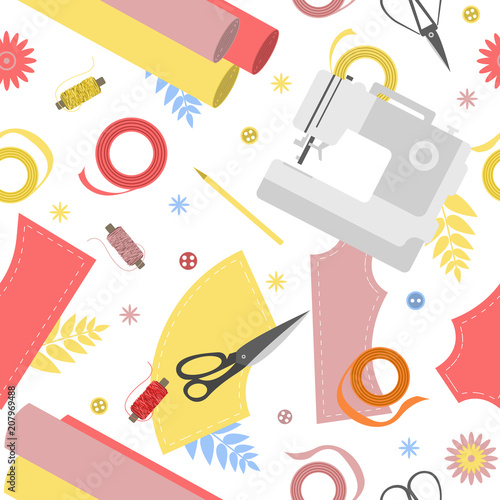 Seamless pattern with textile, sewing machine, scissors, threads and other sewing equipment