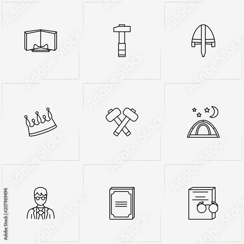History line icon set with crown , camping and hammer