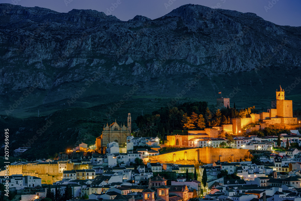 Spain, Andalucia. Views over Antequera at night begins to fall