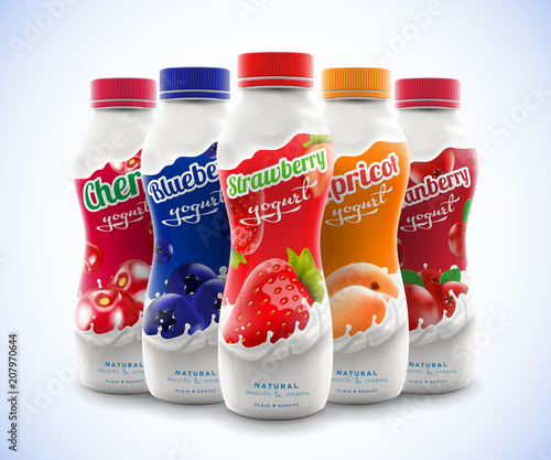 Set of drink nonfat yogurt bottle with fruit and berry flavor, commercial vector advertising mock-up hyperrealistic illustration