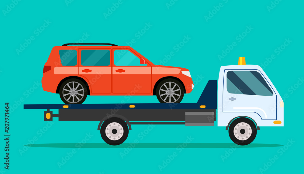 Wrecker is transporting a car. Vector flat style illustration