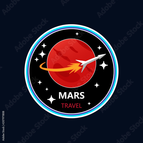 Mars program mission. Space rocket adventure, colonization of Red planet, scientific project. Mars vector illustration for label, sticker or print.