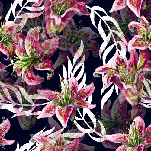 Fototapeta Naklejka Na Ścianę i Meble -  Seamless pattern with lilies flowers and tropical leaves on dark background. Vector illustration.