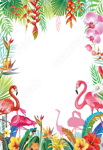Frame from tropical flowers and Flamingoes