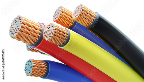Colorful copper cables and wires isolated on white background. 3D rendered illustration.