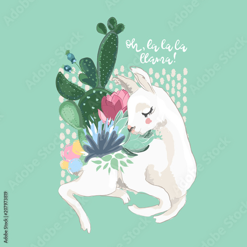 Beautiful llama, alpaca with pompoms and cactus, succulent bloom bouquet. Vector, sketch, outline, cartoon illustration