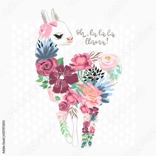 Beautiful llama, alpaca silhouette with flowers, florals and tied bow. Vector, sketch, outline, cartoon illustration