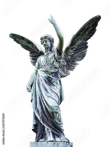 Canvas Print Worn out outdoor angel statue with her wings spread out raises right hand with one finger pointing to the sky on white background