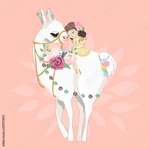 Beautiful llama, alpaca with flowers, floral bouquet, pompoms and little dreaming girl. Vector, sketch, outline, cartoon illustration