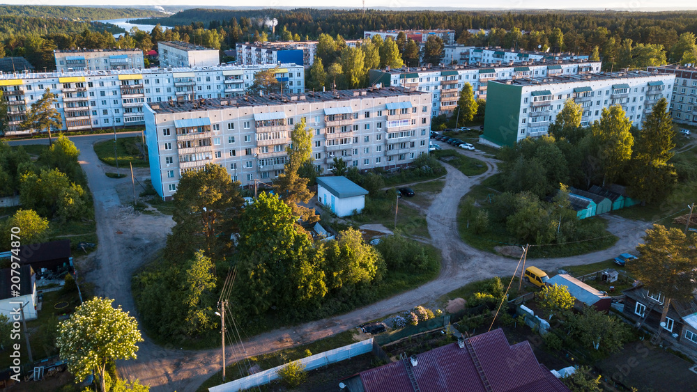 Bird's eye view of houses in urban-type settlement Nikolskiy in Leningrad region, Russia.