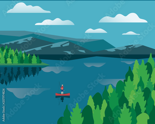 Summer nature landscape. Colorful cartoon retro style. Vacation season leisure banner background. Fisherman on calm river water. Green Alps mountain valley  lake view. Outdoors vector Illustration