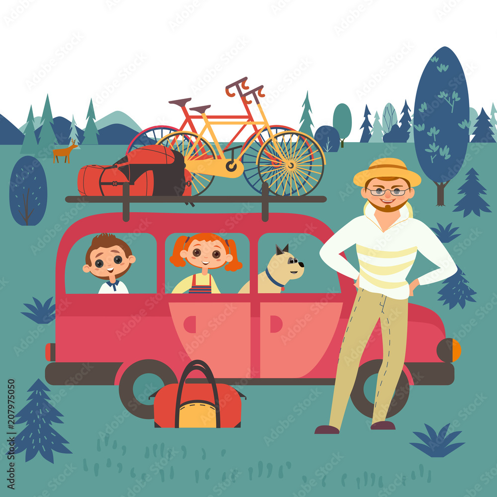 family adventure. Happy children, father enjoy summer auto travel. Cute  cartoon of son, daughter and dad. Vacation outdoor leisure activity of  adult and kids. Holiday background vector illustration Stock Vector | Adobe