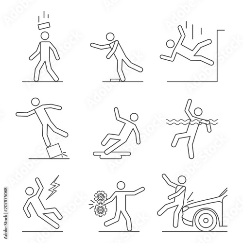 Common Accidents Signs Black Thin Line Icon Set. Vector