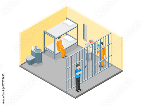 Modern Prison Interior with Furniture and People Isometric View. Vector