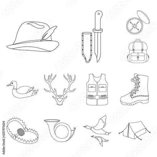 Hunting and trophy outline icons in set collection for design. Hunting and equipment vector symbol stock web illustration.