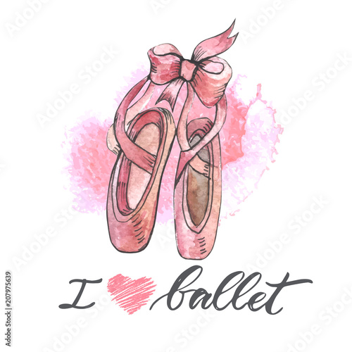 Illustration, hand drawn  pair of well-worn ballet pointes shoes