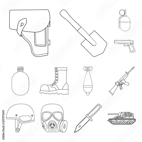 Army and armament outline icons in set collection for design. Weapons and equipment vector symbol stock web illustration.