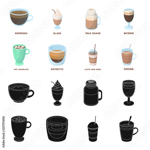 Ristretto, hot chocolate, latte take-away.Different types of coffee set collection icons in black,cartoon style vector symbol stock illustration web.