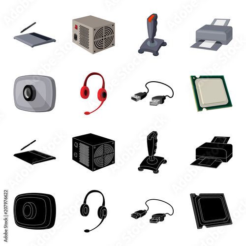 Webcam, headphones, USB cable, processor. Personal computer set collection icons in black,cartoon style vector symbol stock illustration web.