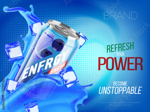 Blueberry cold energy drink in metal can with ice and juice splash advertising banner, soda water branding ready mockup high quality 3d vector realistic illustration