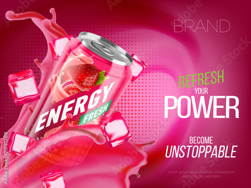 Strawberry cold energy drink in metal can with ice and juice splash advertising banner, soda water branding ready mockup high quality 3d vector realistic illustration