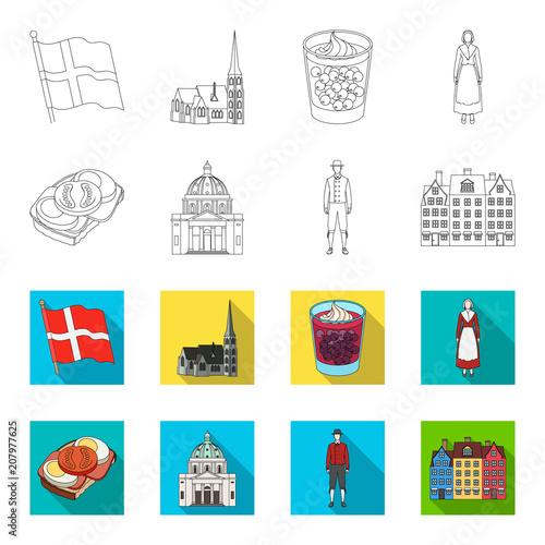Denmark, history, restaurant, and other web icon in outline,flat style.Sandwich, food, bread, icons in set collection.